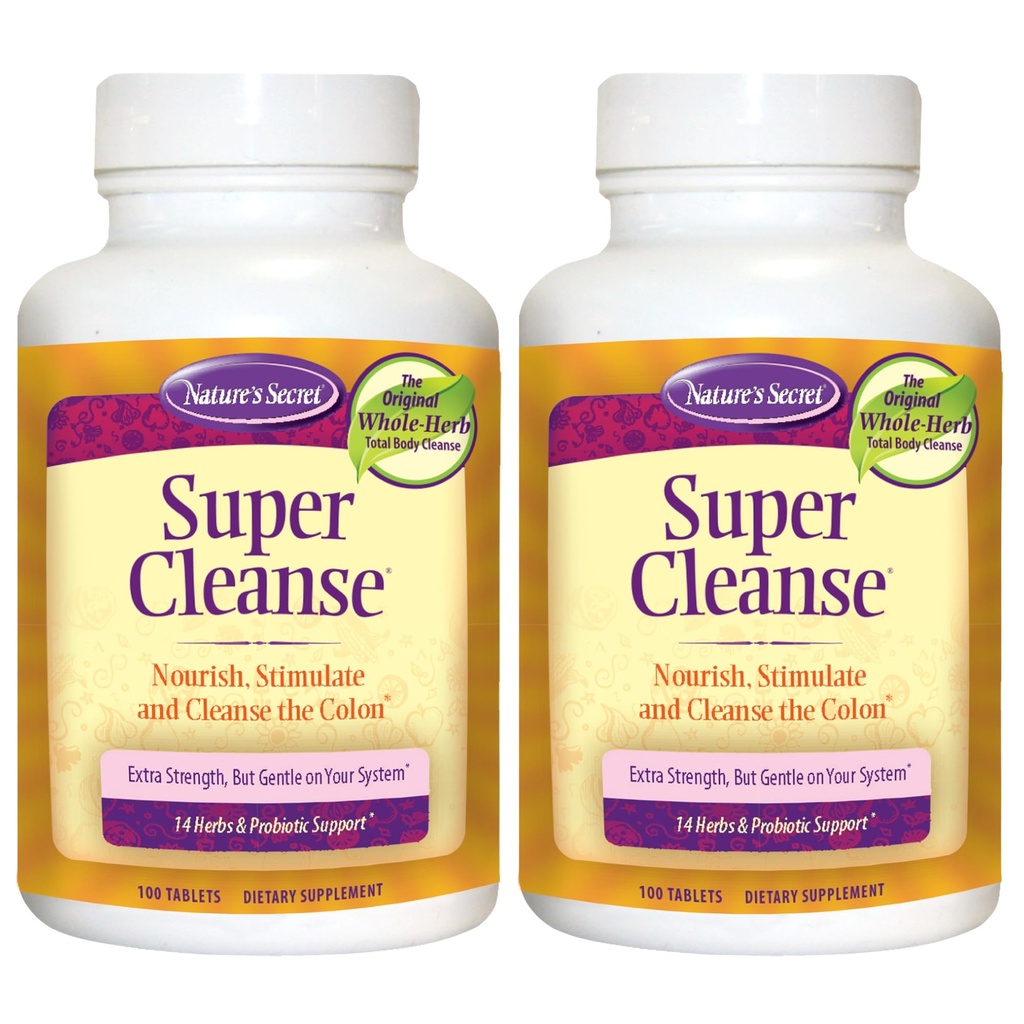 Nature's Secret Super Cleanse Extra Strength Toxin Detox & Gentle Elimination Body Cleanse, Digestive & Colon Health Support - Stimulating Mix of 14 Herbs with Probiyotiks - 100 Tablet (Pack of 2)