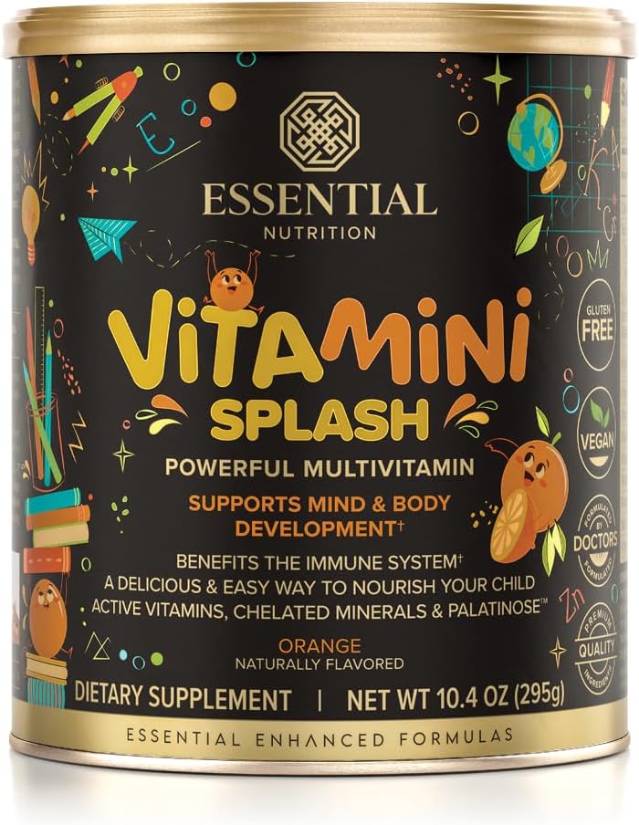 Temel Beslenme Vitamini - Çocuklar multivitamin Toz - Beslenme Desteği - 13 Aktif Vitaminler ve 6 Chelated Mineraller, Prebiyotik Fiber - Orange Flavor - (10.4 oz) - Vegan