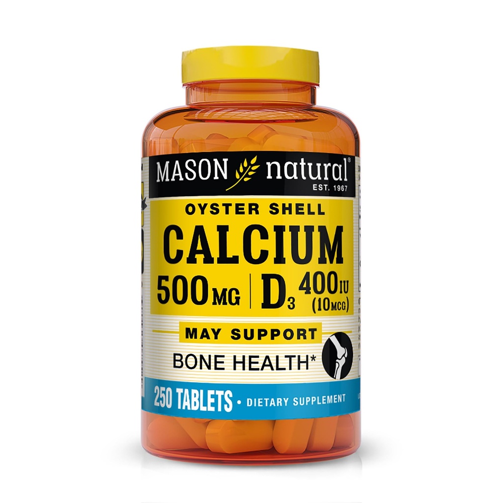 MASON NATURALuba 500 mg (Oyster Shell) D3 Vitamin Normal Kemik ve Kas Fonksiyonlarını Desteklemek için, 250 Tablet