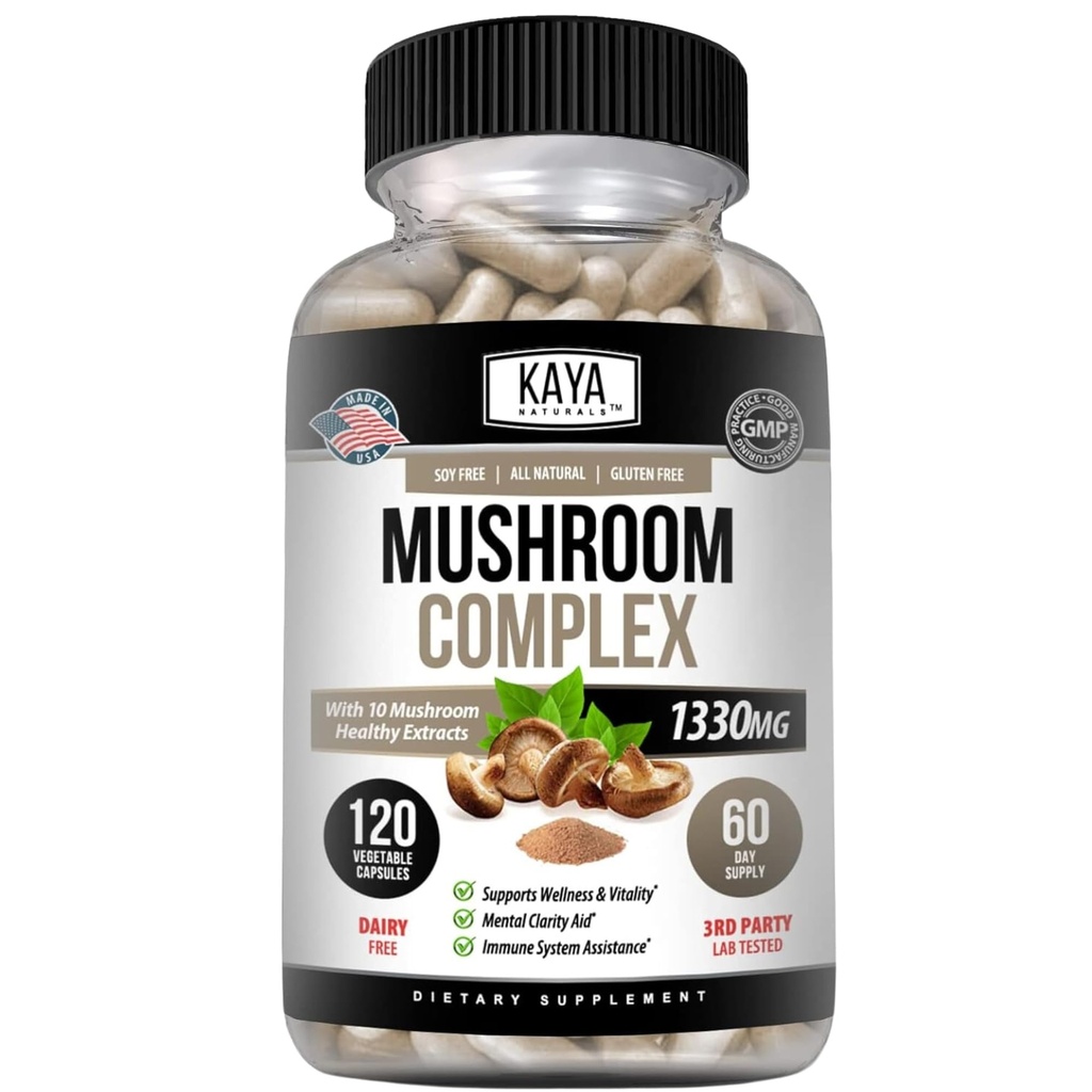 Kaya Naturals Premium Mushroom Kompleksi Potent - Mushroom Supplement - Mushroom Complex Capsules 1995mg Per Servis - Aids mentalty Supports Immune System, Wellness & Vitality - 120 Count