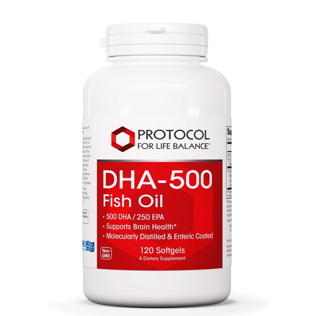 PROTOCOL FOR LIFE BALANCE DHA-500 - DHA 500mg & EPA 250mg - Fish Oil Supplement - Brain Health & Support - Easy Digestion - Non-GMO & Halal - 120 Softgels