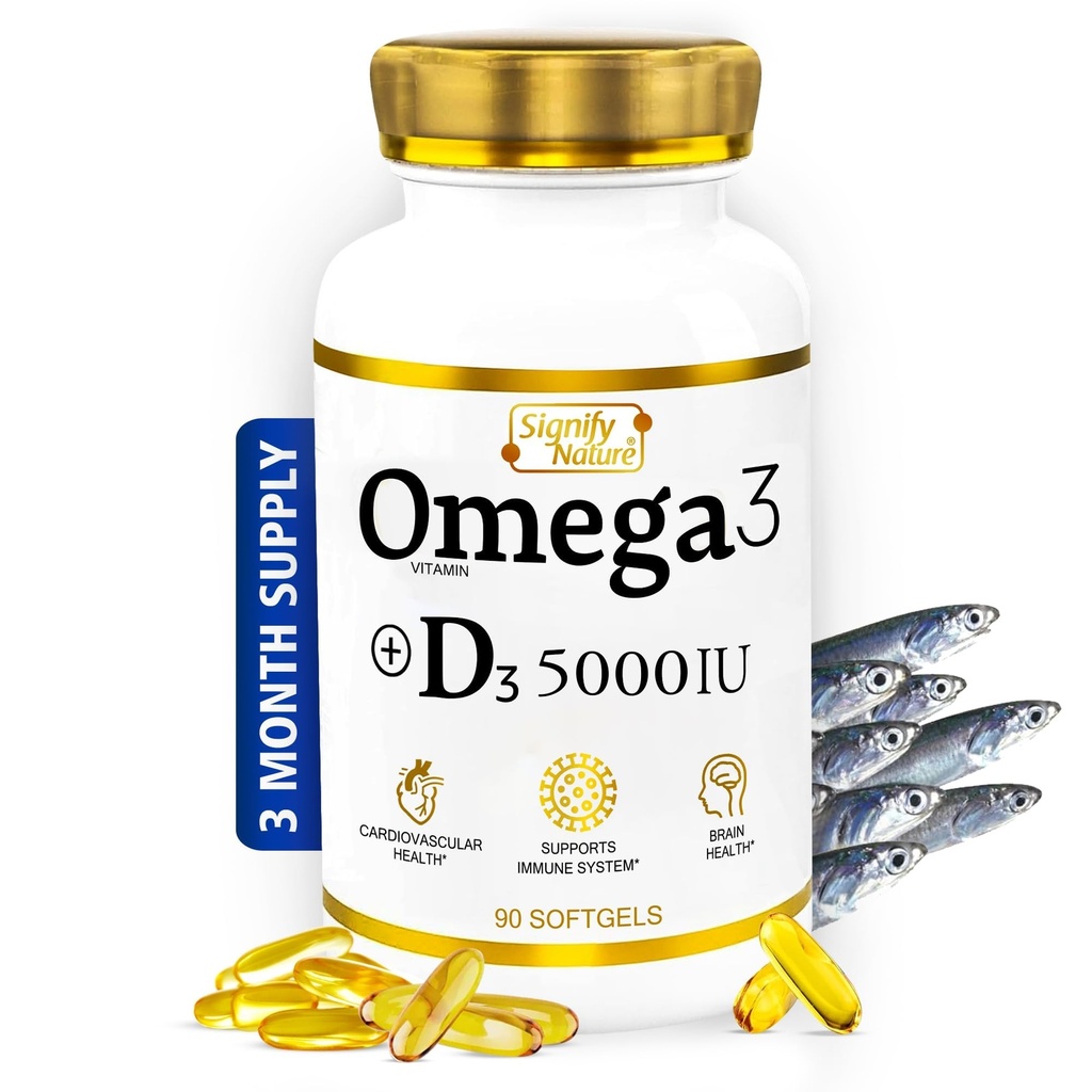 SIFY N Vitamin D3 5000 IU ile Omega 3 Fish Oil Supplement - Beyin Sağlığı için 1000 mg Triglyceride Capsules - Omega 3 EPA DHA + VIT D 3-90CT