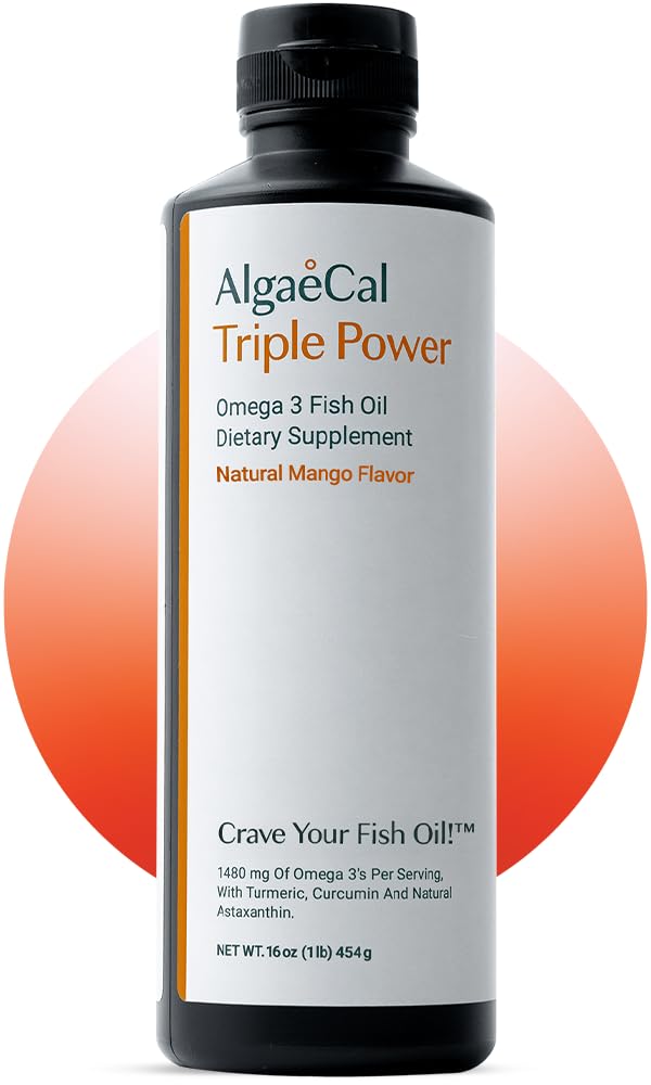 ALGAECAL Triple Power 1200 mg & DHA Omega 3 Fish Oil Supplement, Supporting Brain, Heart, Skin & Bones, Liquid Emulsion Mango Taste, Burp-Les, Sugar-Free, Made in USA