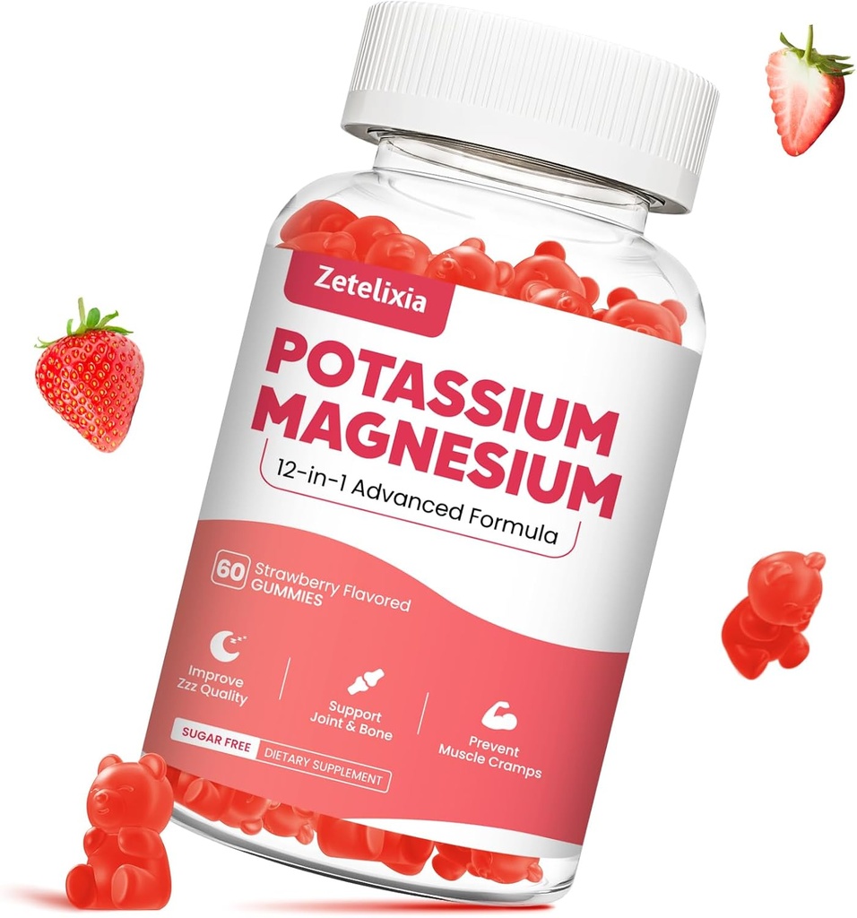 Yetişkinler Çocuklar için Potasyum Magnezyum Gummies, Magnezyum Glycinate & P Properties Citrate, Plus Multivitamin, Omega-3 & Black Pepper, Leg Cramps, Kas & Heart Health, 60ct