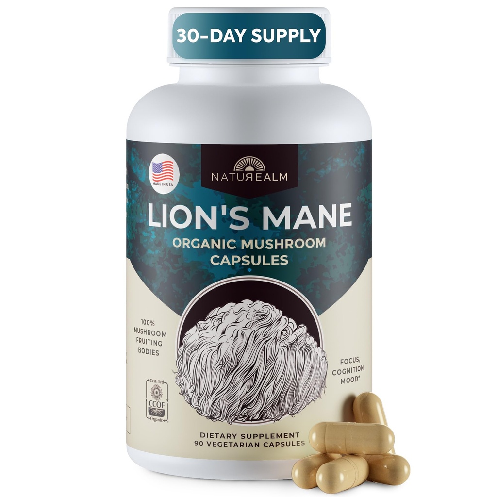 Doğasalm Lions Mane Mushroom Supplement - Focus Memory Spirit Clarity için Organik Beyin Desteği - GMO Bilişsel Fonksiyonl - 90 Vejetaryen Capsules