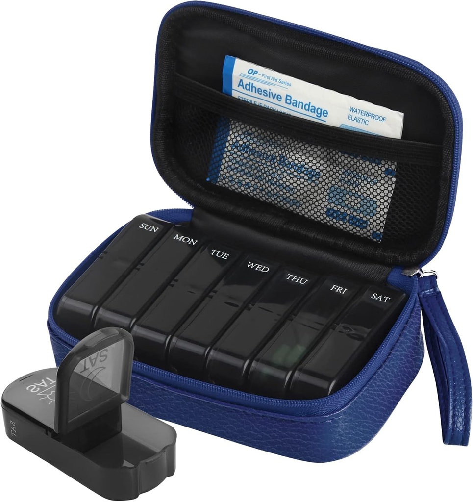 Haftalık PU Deri Pill Bag Organizer Case 2 Times a Day, AM PM Daily Pill Box to Hold Vitamin, Fish Oil, Supplements and Medicine (Mavi)