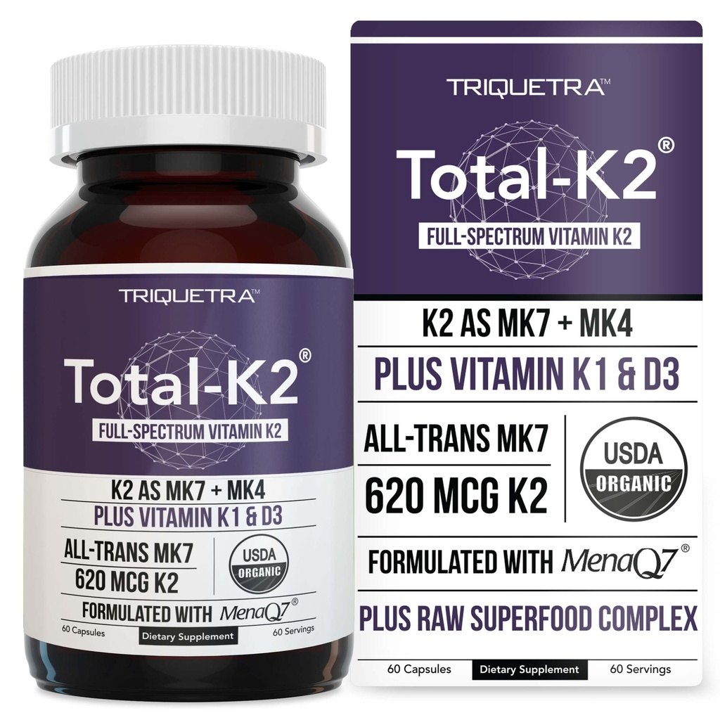Toplam K2® | MK7 & MK4 | Plus K1 & Vitamin D3 Cofak - hizmet başına 620 mcg K2 - MenaQ7® - Full-Spectrum Vitamin K - Vegan, Organik sertifikalı (60 Capsules)