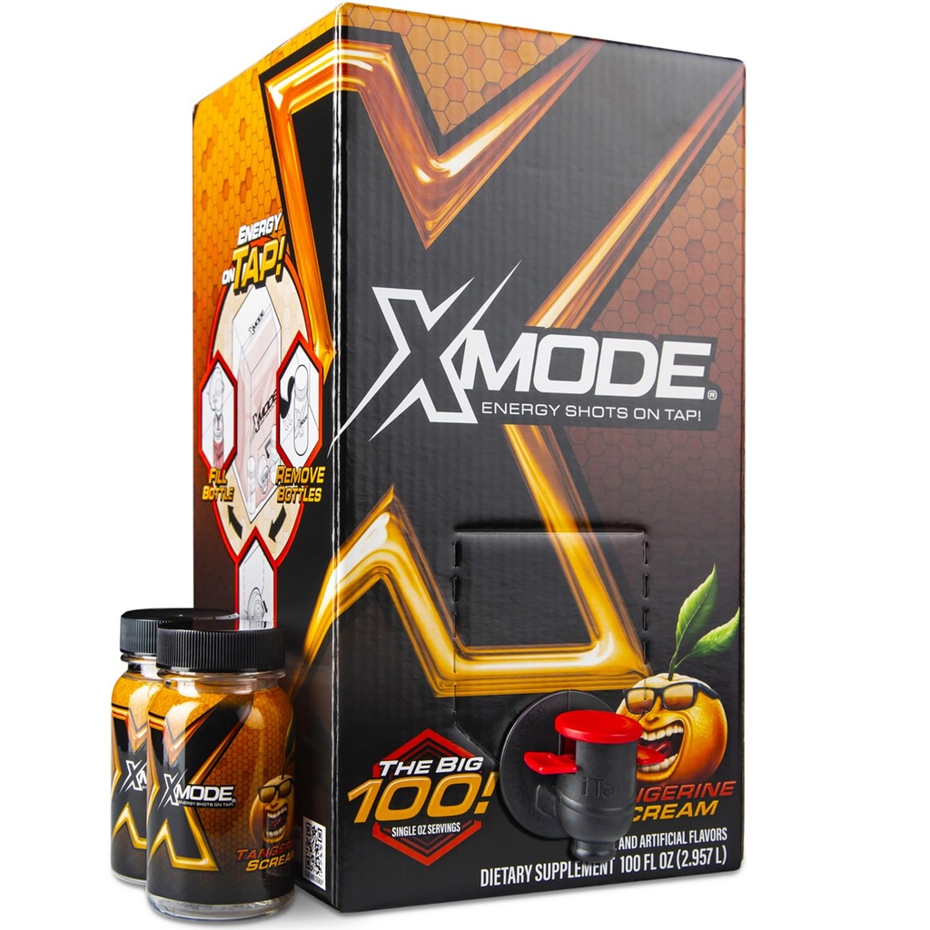 XMODE Extra Strength Energy Shots on Tap - Tangerine Flavor, Sugar Free, 150 mg Caffeine per oz, B12, 100 (1oz) 2 Refillable Şişeler ile ilgili hamlar, folyolar