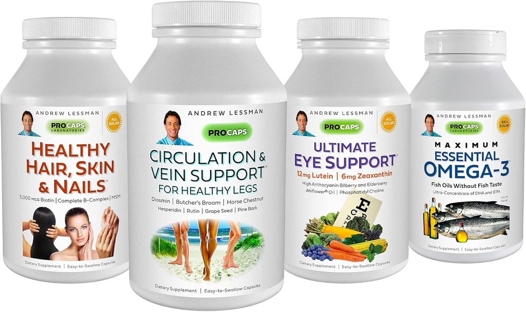 ANDREW LESSMAN 4 Ürün Müşteri Favorileri Paket - 60 Her Circulation & Vein Desteği, Sağlıklı Saç, Skin ve Nails, Ultimate Eye Support ve maksimum Omega-3 (Orange)