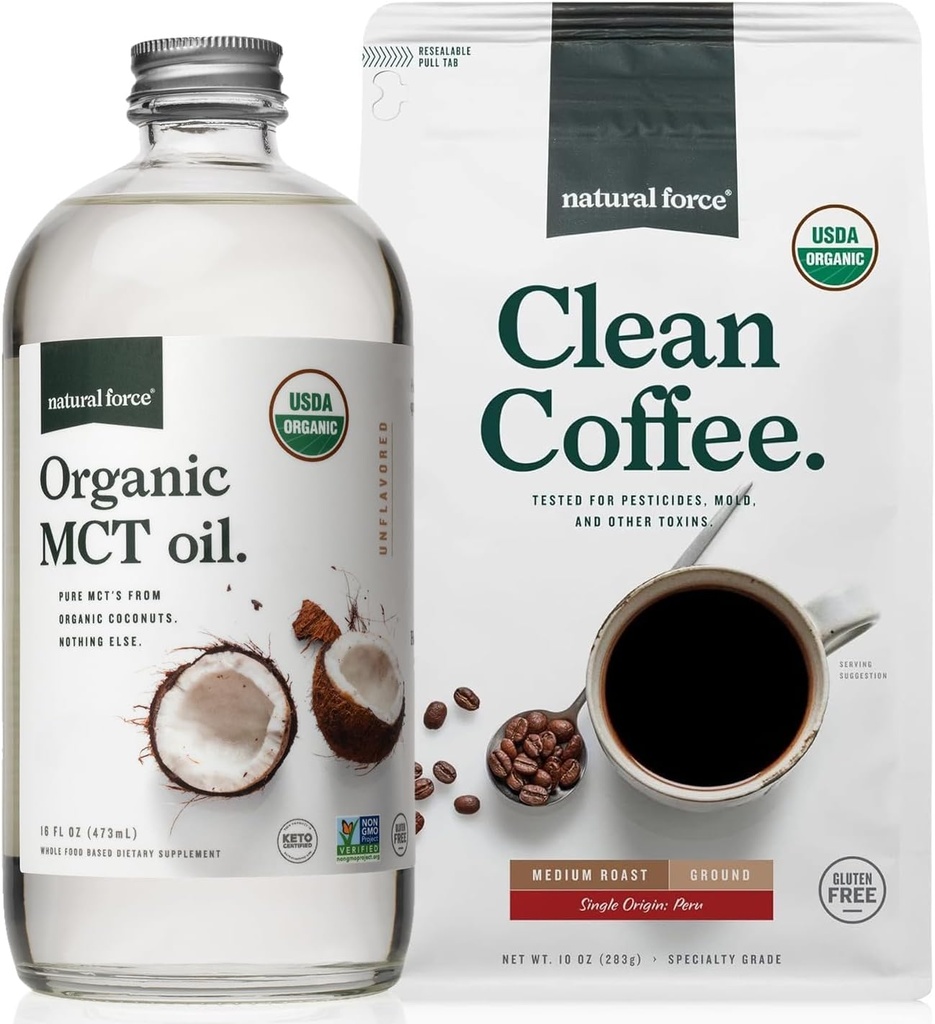 Doğal Kuvvet Organik Zemin Temiz Kahve + Organik MCT Petrol Paketi – 100% Saf Piramit MCTs & Moldova Ücretsiz Kahve – Non-GMO, Keto, Paleo, ve Vegan - 10 Oz Bag ve 16 Oz Glass Şişe Şişe Şişe Şişe