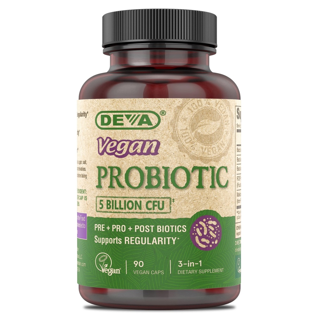 DEVA Vegan Probiyotik Supplement - Pre, Pro, and Postbiyotiks for Digestive Health, 5 Milyar CFU, Soil-Based, Spore-Forming, Dairy Free, FOS Prebiyotiks, for Women and Men, Vegan Capsules, 90 Count