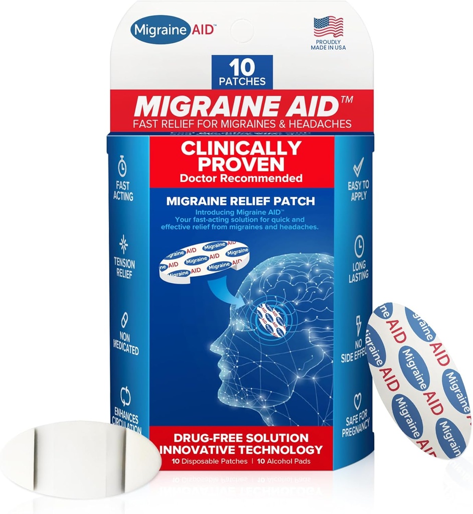 Migraine AID Migraine Relief Patches - Fast Acting, Non Medicated Support for Head Tension, Easy to Apply Headache Patches, Safe for Everyday Use, 10 Disposable Migraine Patches, Made in USA