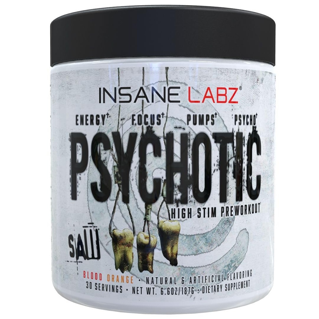 Insane Labz Psychotic Saw, High Stim Pre Workout Toz with OxyGold-TM and AMPiberry®,Extreme Lasting Energy with Teacrine®,Focus with CognitIQ® and Endurance (30 hizmet, Blood Orange)