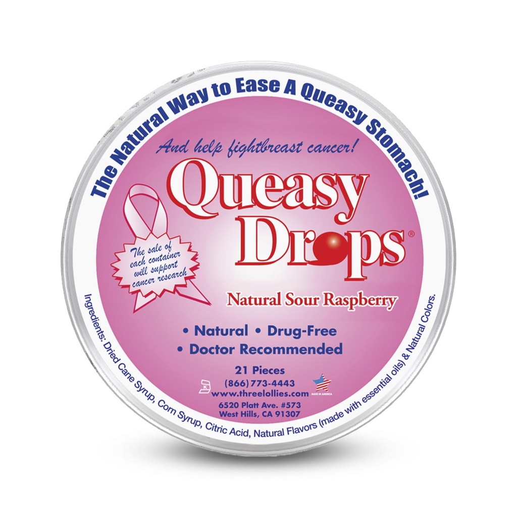 Üç Lollies Queasy Drops - Sour Raspberry Flavor - Seyahat Hastalığı ve Nausea Yardımı, Soothes Stomach & Kuru Mouth, Natural Malzemeler - 21 ctt