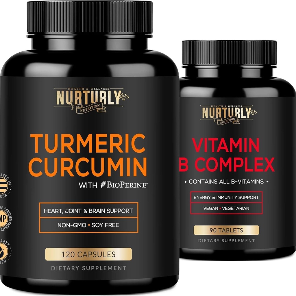 B Kompleks ve Turmeric Curcumin - Tüm Temel B Vitaminleri - B1, B2, B3, B5, B6, B7, B9, B12 ve Biotin - Ortak, Hearth Health
