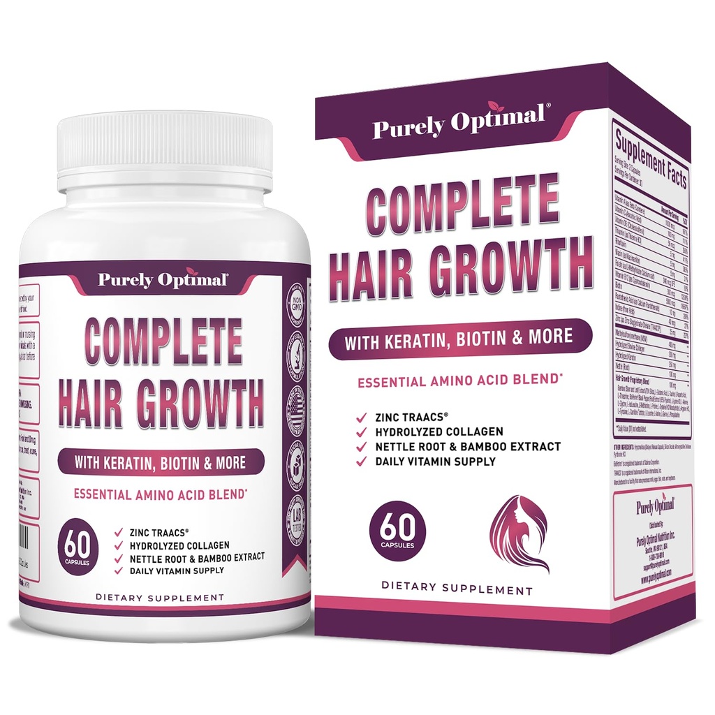 Tamamen Optimal, Kadınlar ve Erkekler için Saç Büyüme Vitaminleri – Destekler, Güçlü Saç Büyümesi, Sağlıklı Skin & Nails – Biotin, Collagen, Keratin – Easy-to-Take, Unflavored, 60 Capsules