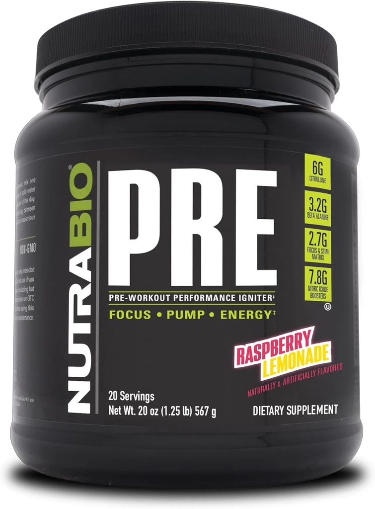 NutraBio PRE Workout Toz - Eski Formula- Sustained Energy, mental Focus, Endurance - Alanine, Kretin, Caffeine, Electrolytes - 20 Hizmet - Raspberry Lemonade