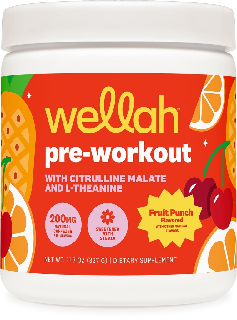 Wellah Pre-Workout Drink Mix (Fruit Punch Flavored, 30 Hizmet) - Citrulline Malate ve L-Theanine, 200 mg of Natural Caffeine & 1000mg of Beta-Alanine