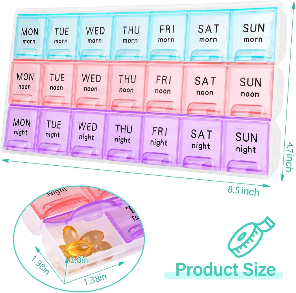 Büyük Haftalık Pill Organizer 3 Times A Day,Travel Pill Cases ,Moisture-Proof 7 Day Pill Contaner, Pills Vitamin Fish Oil Supplements,Medicine Organizer(2Pack)