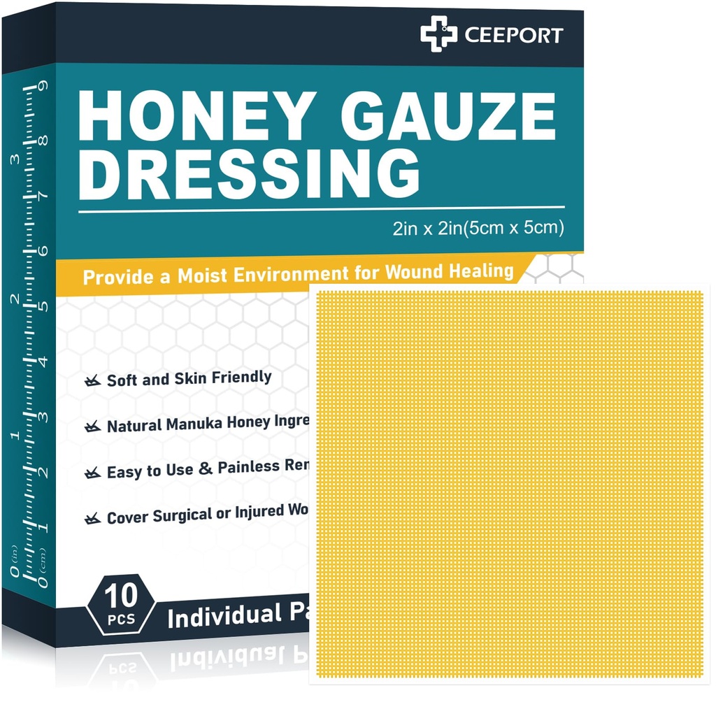 Manuka Honey Gauze Yara 2'yi Giyiyor" x 2",10 Pack Manuka Honey Yara Bakım Pads, Medical Grade Honey Bandages for Yara Bakımı, Honey Patch for Faster Healing from Burns,Abrasions,Cuts and Scalds