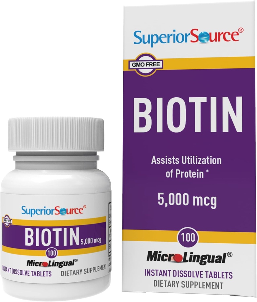 Superior Source Biotin 5000 mcg. Under The Tongue Quick Dissolve MicroLingual Tablets, 100 Kont, Sağlıklı Saçlar, Skin ve Nail Büyümesi, Enerji Metabolism, Non-GMO