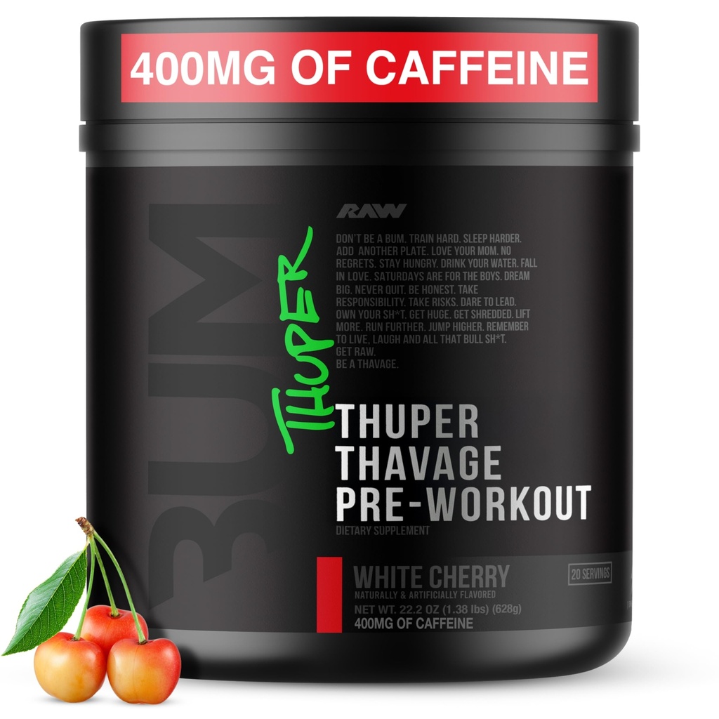 RAW Thuper Thavage Pre Workout Toz - Yüksek-Stim Kretale Çalışmak, Beta Alanine, L-Citrulline & Caffeine - Chris Bumstead Gym & Fitness Supplement for Men & Women - White Cherry
