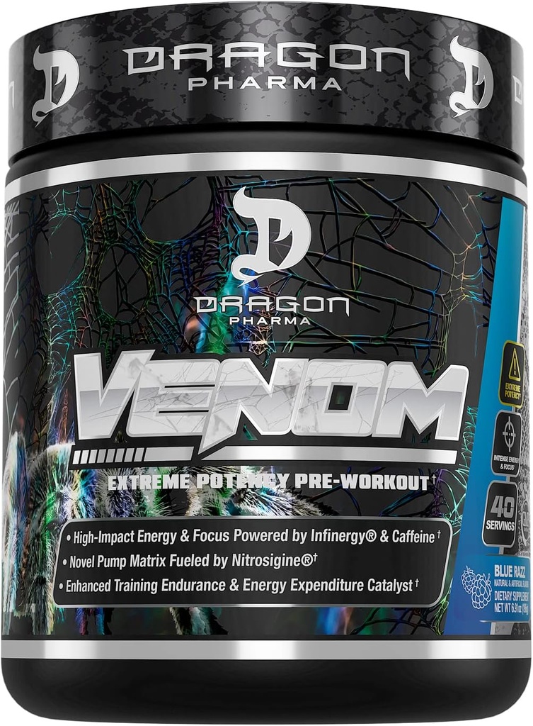 DRAGON PHARMA Venom Extreme Potency Pre-Workout, Laser Sharp Focus + Energy, Intense Performance, Proven Materialss for Advancedd Vasodilation & Endurance (40 Hizmet, Blue Raspberry)