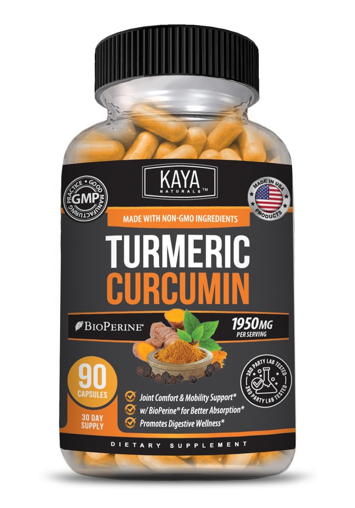 Kaya Naturals Turmeric Platinum, 90 Count Capsules, Bioperine, Premium Support with 95% Standardized Curcuminoids - 90 Capsules