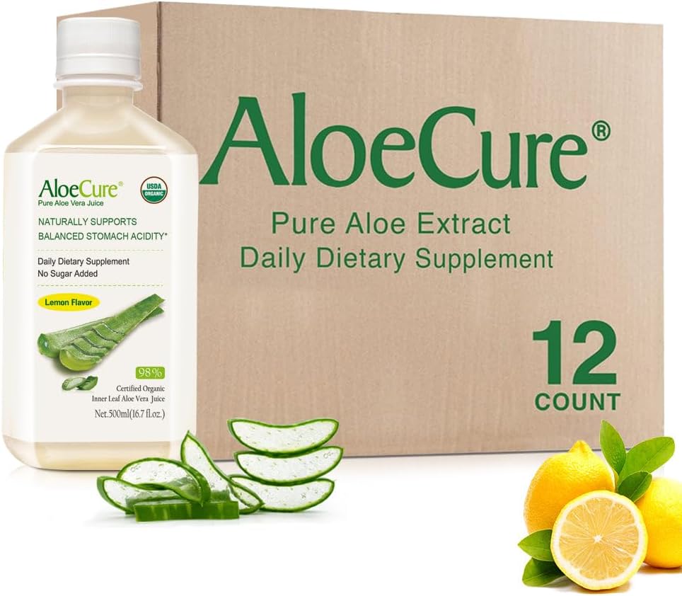 AloeCure USDA Organik Aloe Vera Juice Limon Flavor - 12 Saat içinde Yapıldı - Dengeli Stomach asitliği için Doğal Digestive Supplement - Support Digestive and Immune Health, 12 Btls x 16.7oz