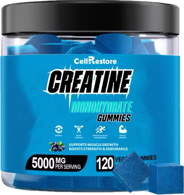 Erkekler ve Kadınlar için Kretine Monohidrat Gummies for Men & Women-5g of Tinatine Monohidrat per Service- Help Artgar Free,Vegan,Blueberry Flavor, 120 Kont