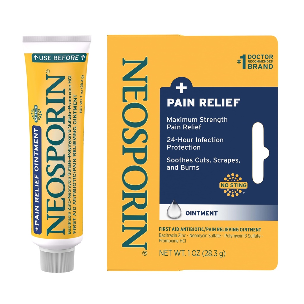 Neosporin + Ağrı Yardımı, Dual Action First Aid Yara Bakımı, No-Sting Formula with Pramxine HCl, Bacitracin çinko, 1 oz Single Tube