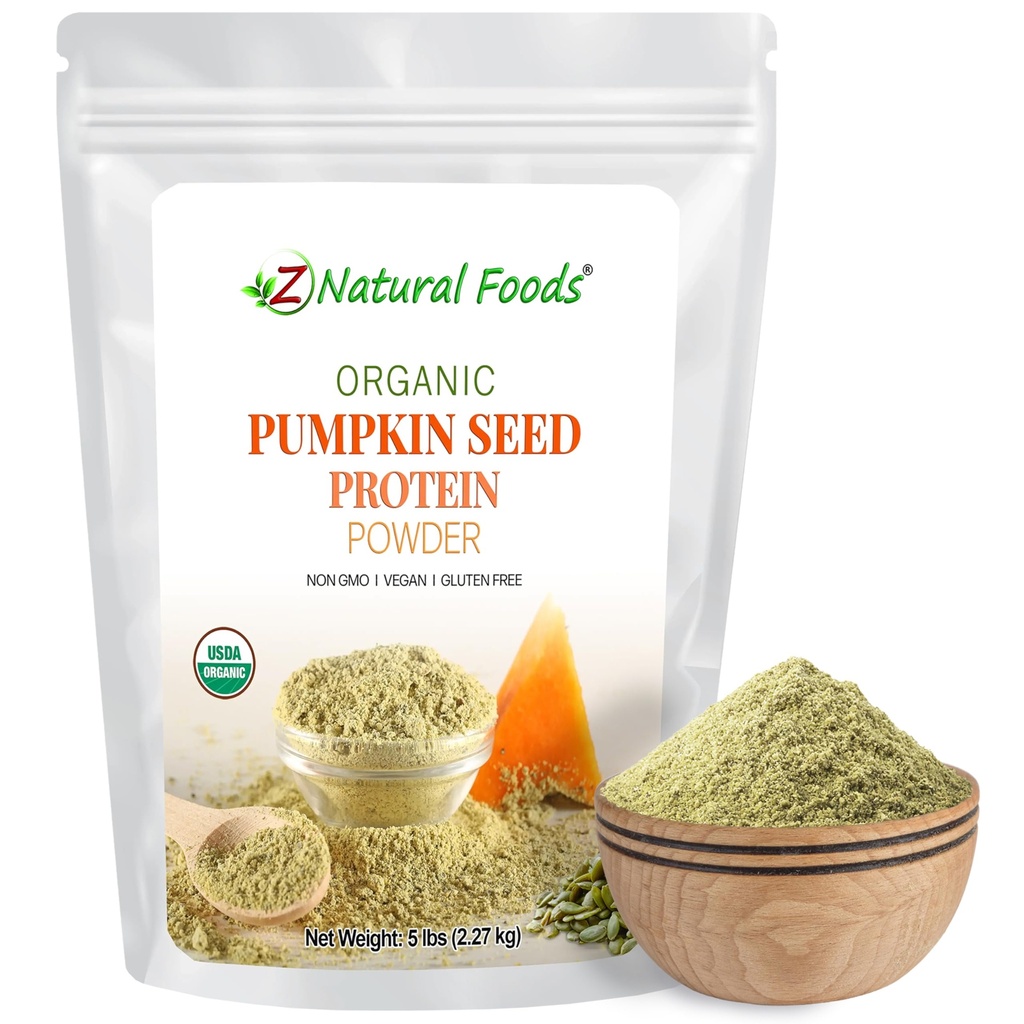 Z Natural Foods Organic Pumpkin Seed Protein Powder - Nutrient-Dense Fiber Supplement, Vegan Pumpkin Protein Powder for Hair Skin Nails Muscle Health - Ideal for Smoothies Shake Baking Recipes, 5 lbs