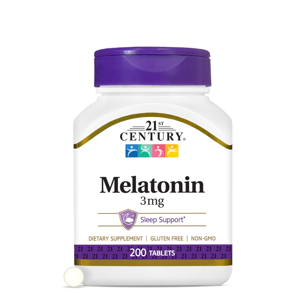 21st Century Melatonin 3mg Gentle Strength Tablets, 200 Count, Sleep Aid for Adults, Promotes Relaxation & Restful Sleep, Non-Habit Forming, Gluten-Free, Non-GMO
