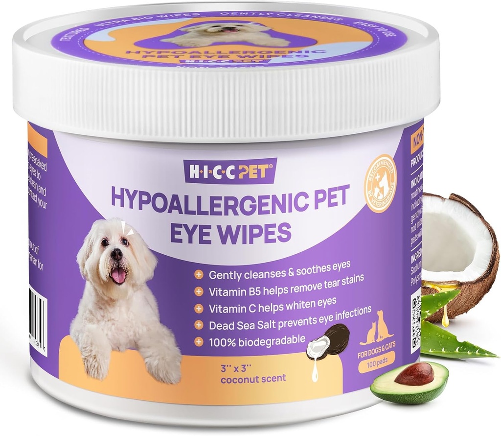 HICC PET Eyes Köpekler ve Kediler için Wipes, Vet- Tavsiye Edilmiş Köpek Göz Enfeksiyonu Tedavisi, Gally Don Tear Stain, Debris, Discharge - Hipoallergenik Pet Eye Eyes Gözler için daha temiz, Wrinkle, Face - 100par