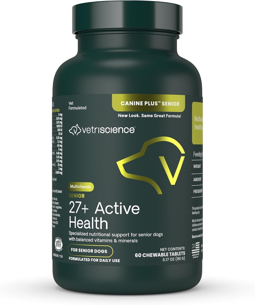 Vetri Science Senior 27+ Active Health Chewable Tabletler, Canine Plus Daily Multivitamin Kıdemli Köpekler, Dengeli Vitaminler, Mineraller ve Antioksilar, Aging ve Wellness Desteği, Veggie, 60 Counting and Wellness Support, Veggie, 60 Count