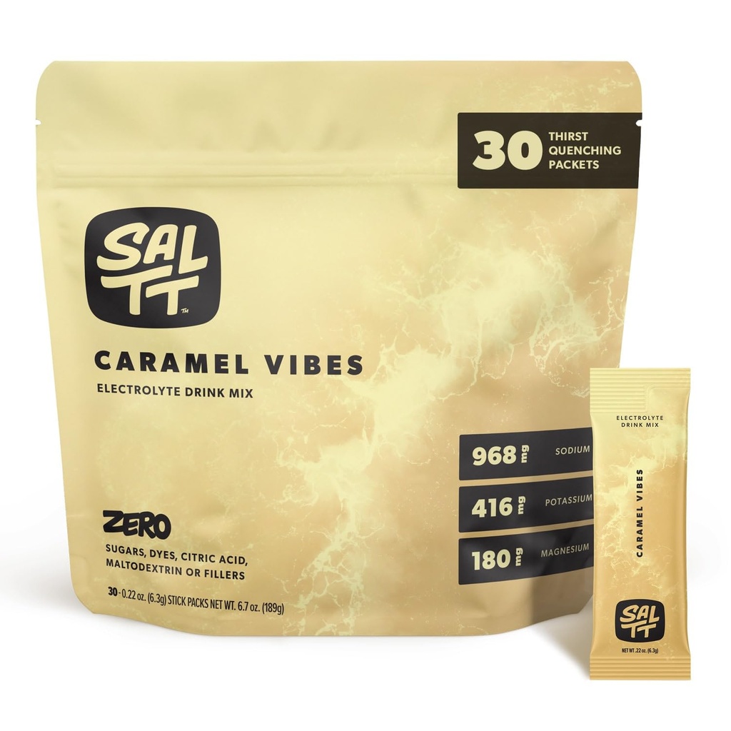 SALTT Electrolytes Dust Flavored Drink Mix - Caramel Vibes - 30 Hydration Packets - Magnezyum, Pyum, sodyum, Trace Minerals - Zero Sugar & Gluten Free - Travel Essentials