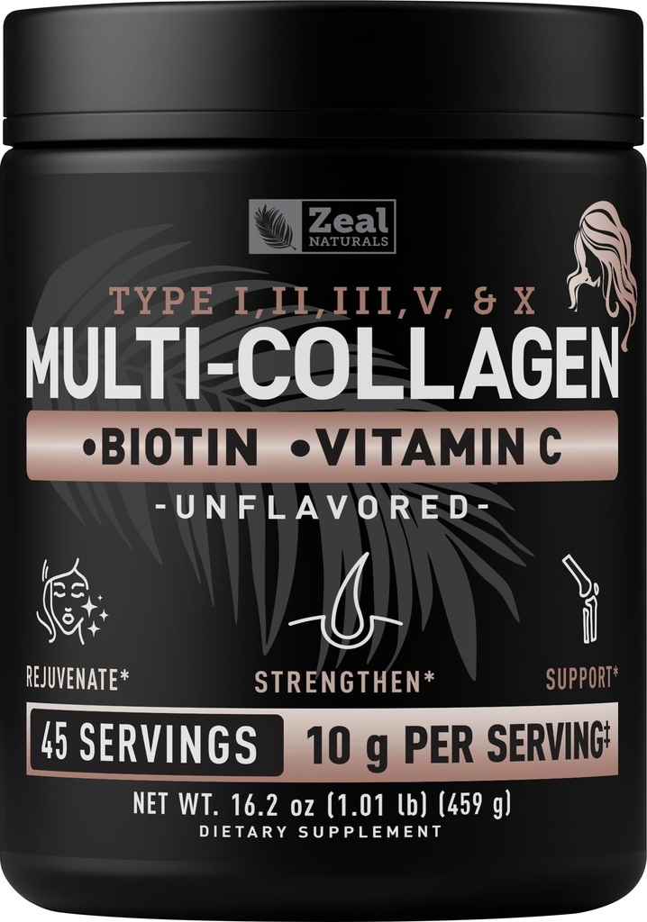 Zeal Naturals Multi Collagen Protein Peptides Powder Types I II III V X - Vitamin C, Biotin & Hyaluronic Acid - Hair, Skin & Nails - Marine, Bovine, Chicken & Eggshell - Unflavored, 45 Servings