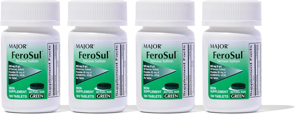 Büyük Ferosul - Ferrous Sulfate 325 mg Tabletleri 65 mg of Elemental Iron - Kadınlar için Demir Supplement, Erkekler - Yeşil - 100 Kont (4 Pack)