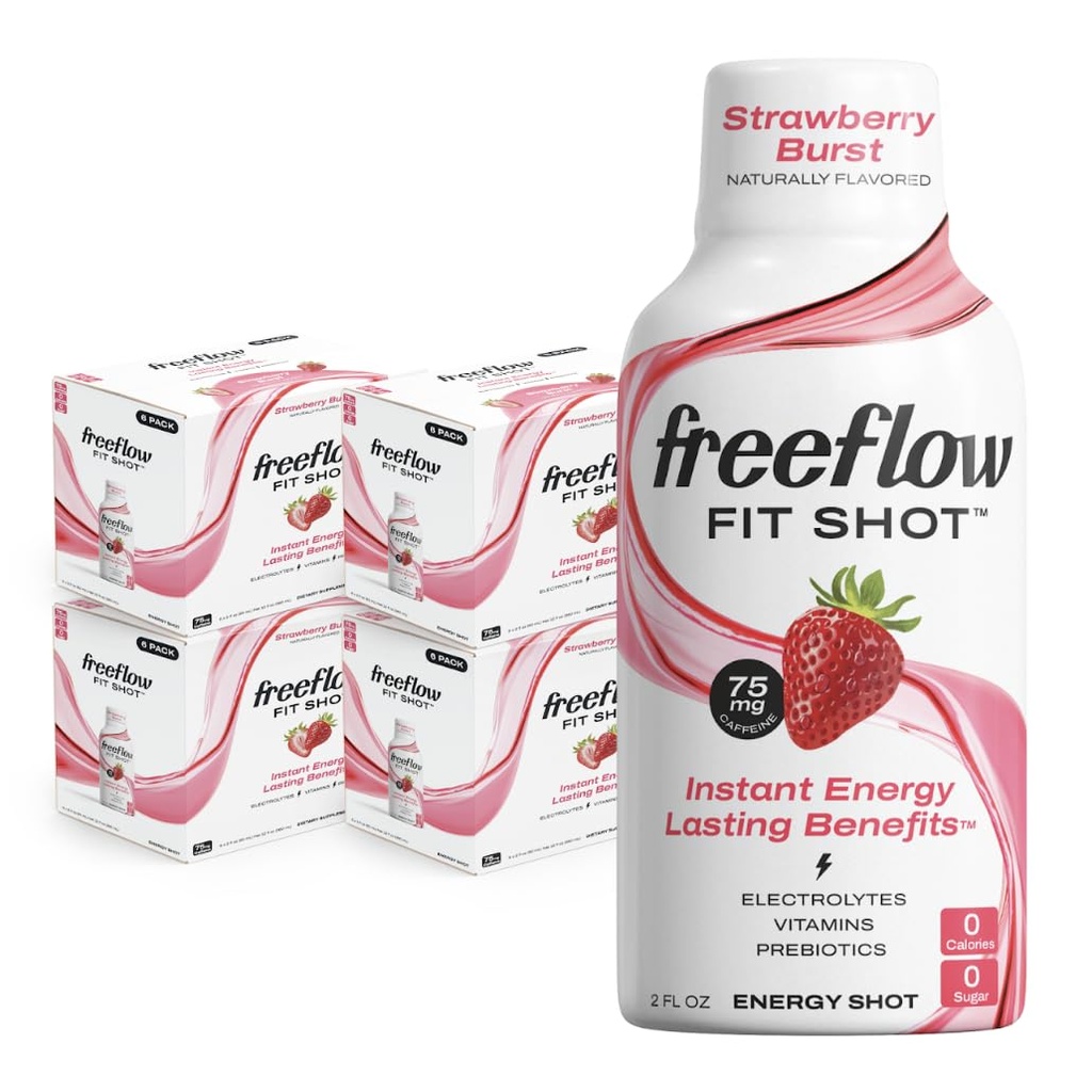 Freeflow Fit Energy Shots, Strawberry Burst, Natural Caffeine Boost with L-theanine, BTC, Vitaminler, Prebiyotikler, Electrolytes (24, Kont 2oz Shots)