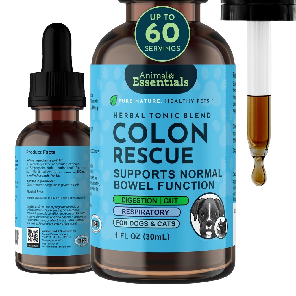 Animal Essentials Colon Rescue for Dogs & Cats - Constipation Relief, Stool Softener with Slippery Elm, Marshmallow Root, Licorice Root - 1 Fl Oz