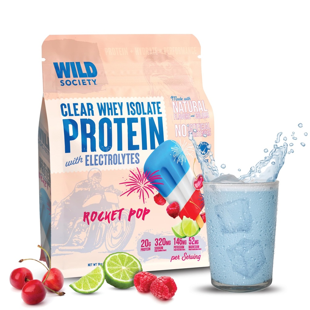 WILD SOCIETY - Clear Protein Powder + Electrolytes - 20g Clear Whey Protein Isolate Drink - Zero Sugar - 0g Lactose - Natural Flavors & Colors - Muscle Post Workout Recovery - Rocket Pop, 16 oz