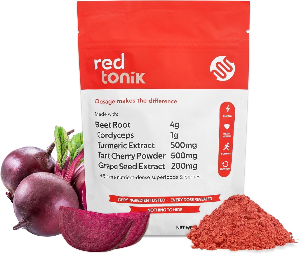 Red Tonik Superfood Powder |Beet Root |Mushroom |Turmeric |Daily Supplement with 13 Superfoods |Vitamins and Minerals |Boost Energy, Stamina |Post-Workout Recovery |Berry Flavor