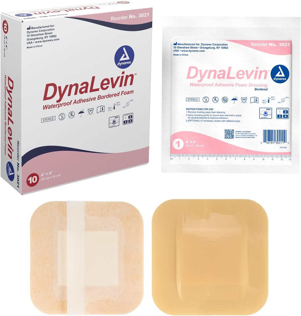 Dynarex Dynalevin Su Yapıştırıcısı Sınırlanmış Köpük, 10 Kont/4 x 4 inç