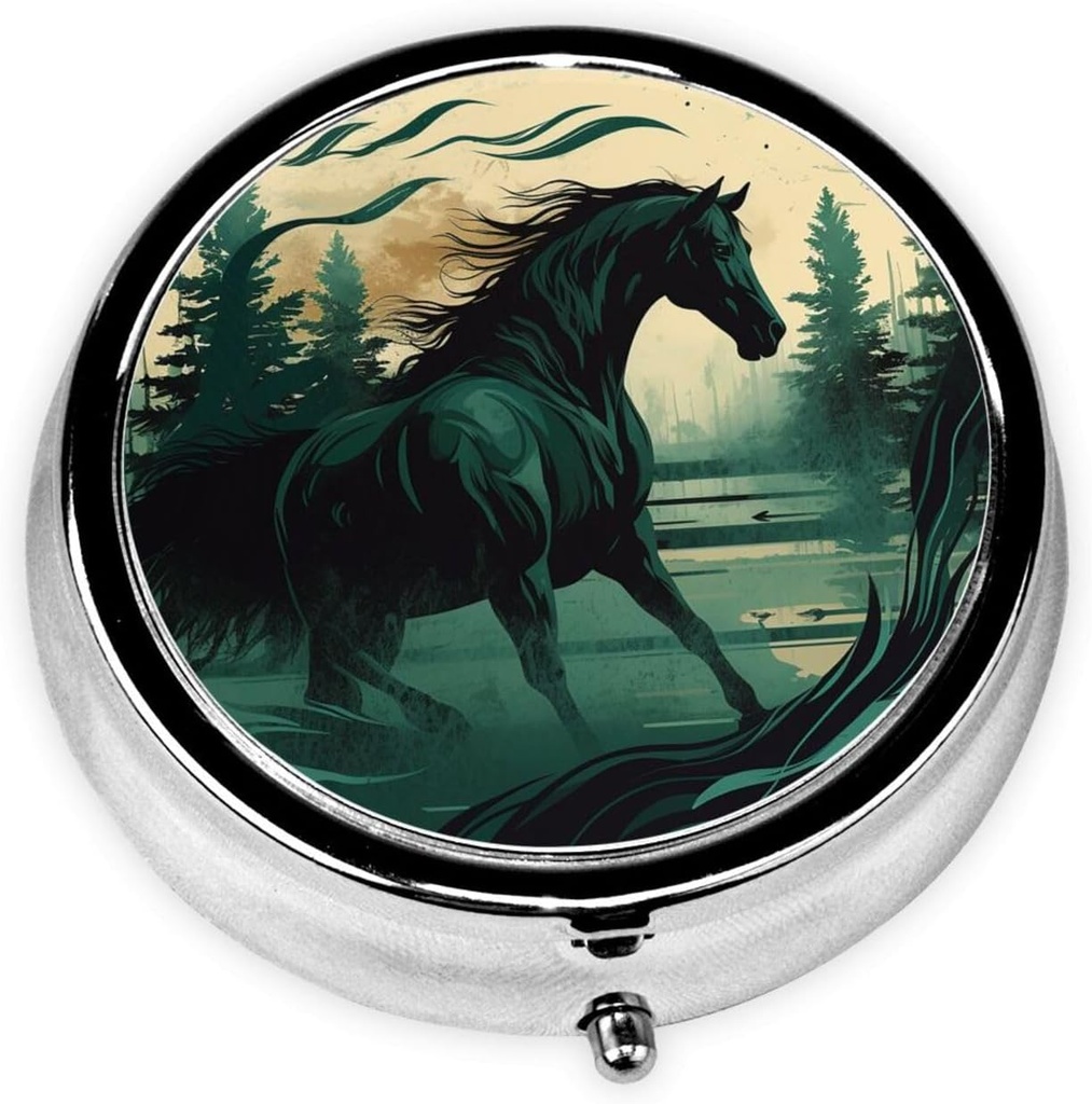 Round Pill Box Cute Small Pill Case 3 Compartment Pillbox for Purse Pocket Realistic Horse Painting Style Portable Pill Container Holder to Hold Vitamins Medication Fish Oil and Supplements