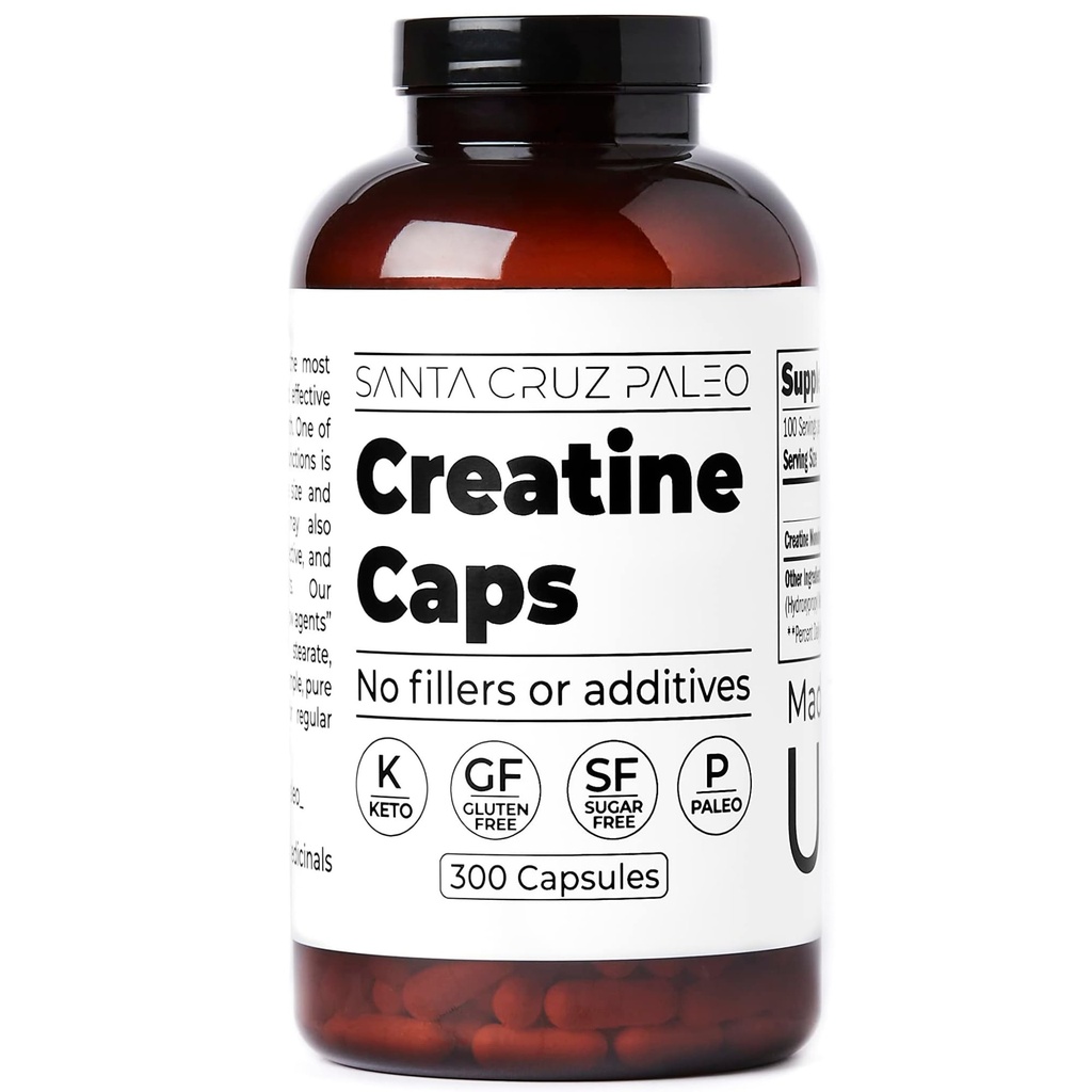 Santa Cruz Paleo Kretine Capsules, Destekler Kas Büyüme ve Enerji, Gluten Free, Keto, Sugar Free, Paleo, No Fillers veya Katkılar, Kretine Monohidrat Pills, 2500 mg, 100 Hizmet, 300 Capsules