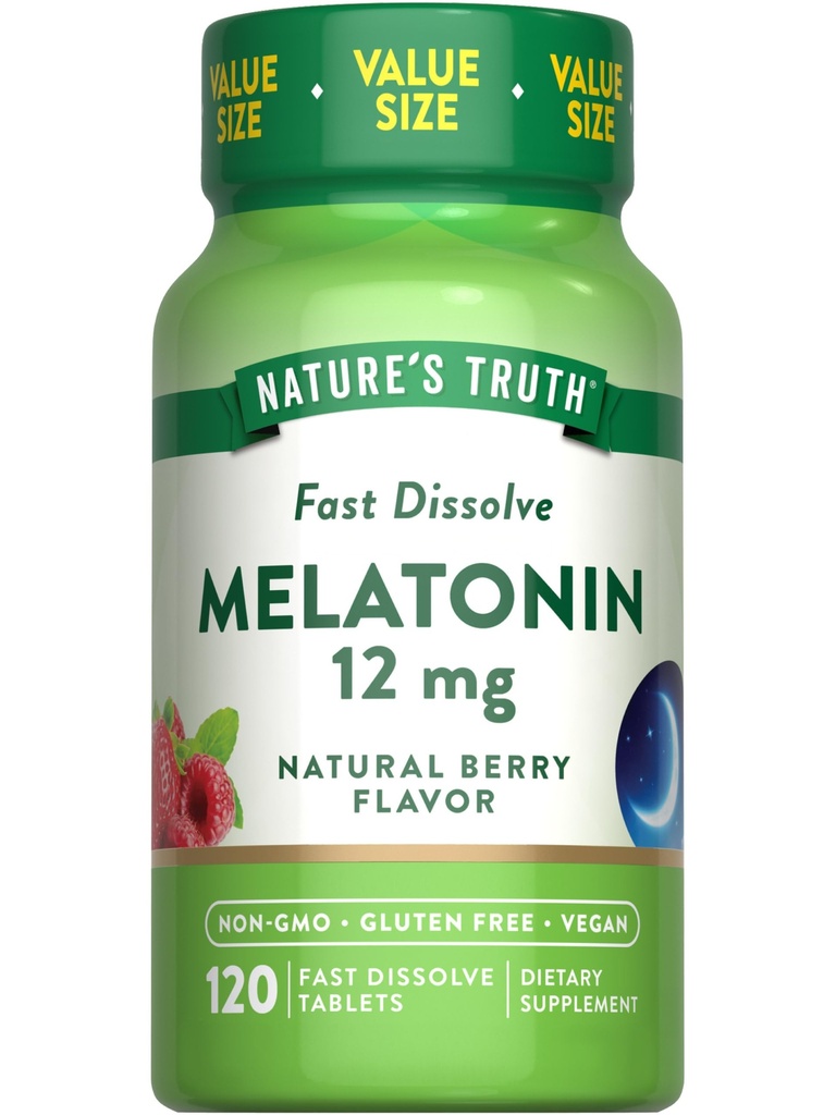 Nature's Truth Melatonin Tablets | 12mg | 120 Count | Natural Berry Flavor | Fast Dissolve | Vegan, Non-GMO & Gluten Free Supplement