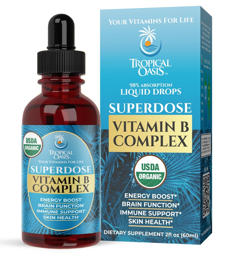 Superdose Organik Vitamin B Kompleksi Sıvı Merdivenler |% 125,000 DV Vitamin B12, B6, Biotin, Niacin, Folate | Energy, Brain Health, Immune Support | USDA Organic, Vegan, Non-GMO | 60 Serv, 2 Mo. Supply