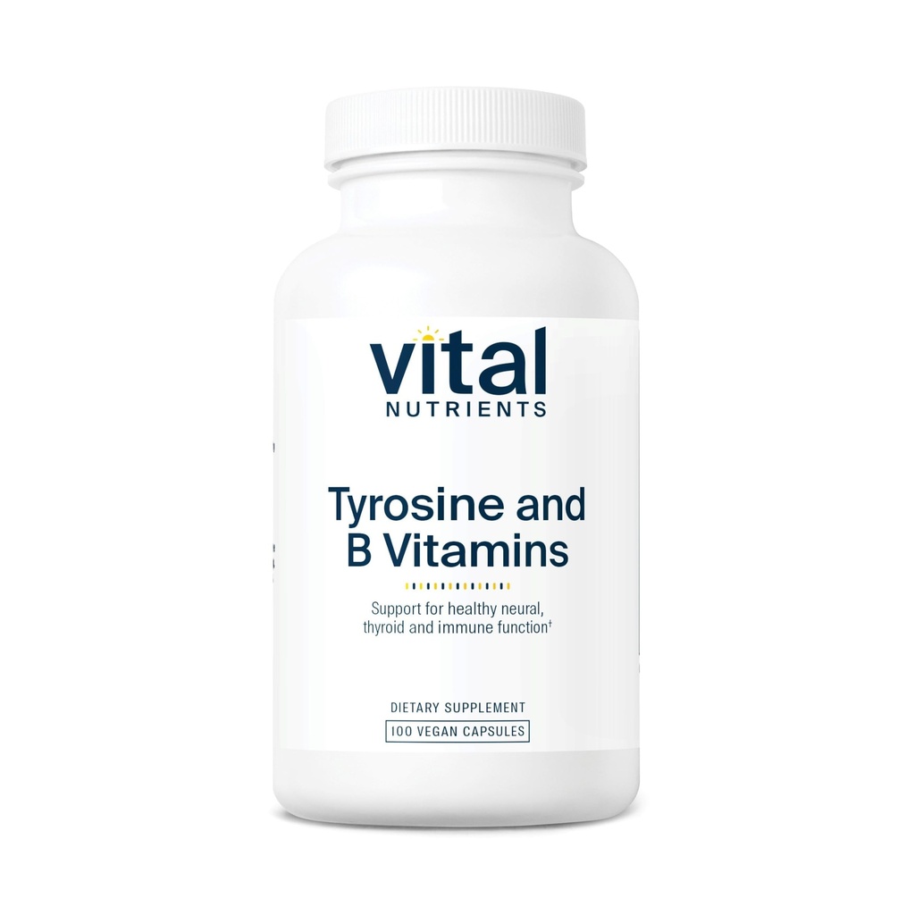 Vital Nutrients Tyrosine ve B Vitaminleri | Tiroid, Immune ve Nerve Support Formula | Adrenal Support Complex | Gluten, Süt, Soy Free | Non-GMO | 100 Capsules