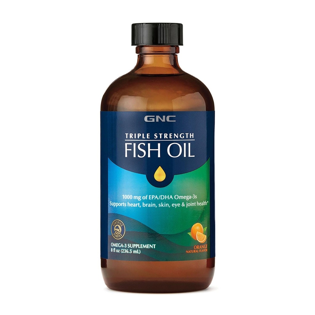 GNC Triple Strength Fish Oil Liquid Supplement, Wild Deep Ocean Caught. with 1000 mg EPA DHA Omega 3s, for, Heart, Brain, Skin, Eye, Joint Health, Natural Orange Flavor, 8 Fl Oz, 47 Hizmetler