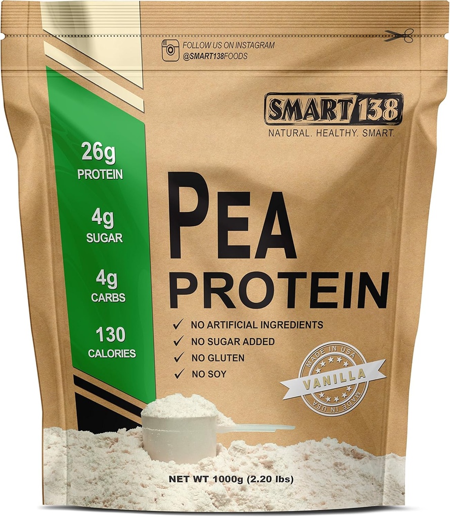 Smart138 Vanilla Pea Protein, Ultra-Fine Toz, Vegan, Gluten-Free, Soy-Free, Dairy-Free, Non-GMO, USA/Kanada, Chem (Low Carb), Doğal BCAAs (1000g / 2.2lbs, Vanilla)